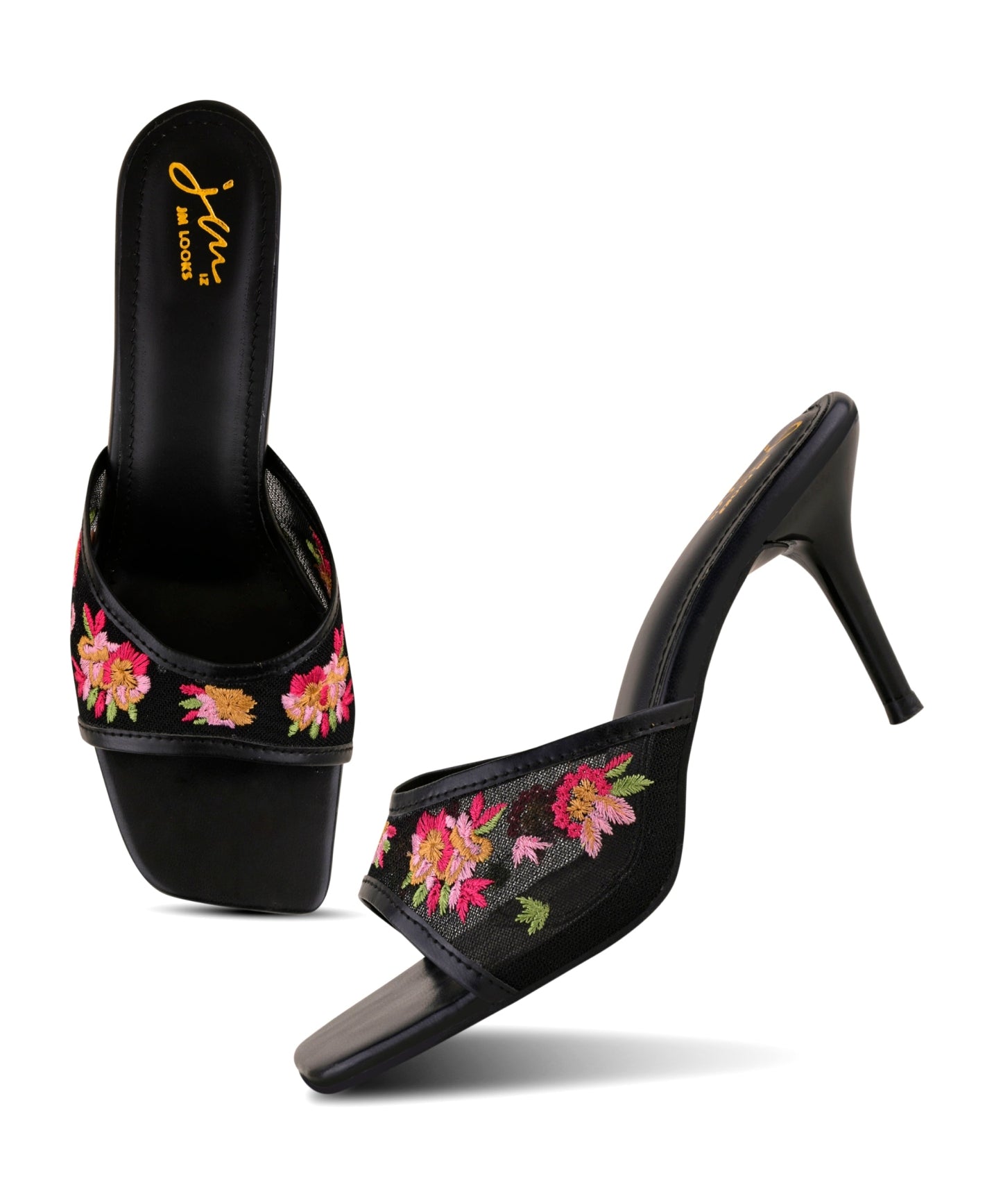 Floral embroidered black mesh stiletto heel sandal for women with square open toe and slip-on design
