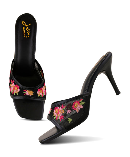 Floral embroidered black mesh stiletto heel sandal for women with square open toe and slip-on design