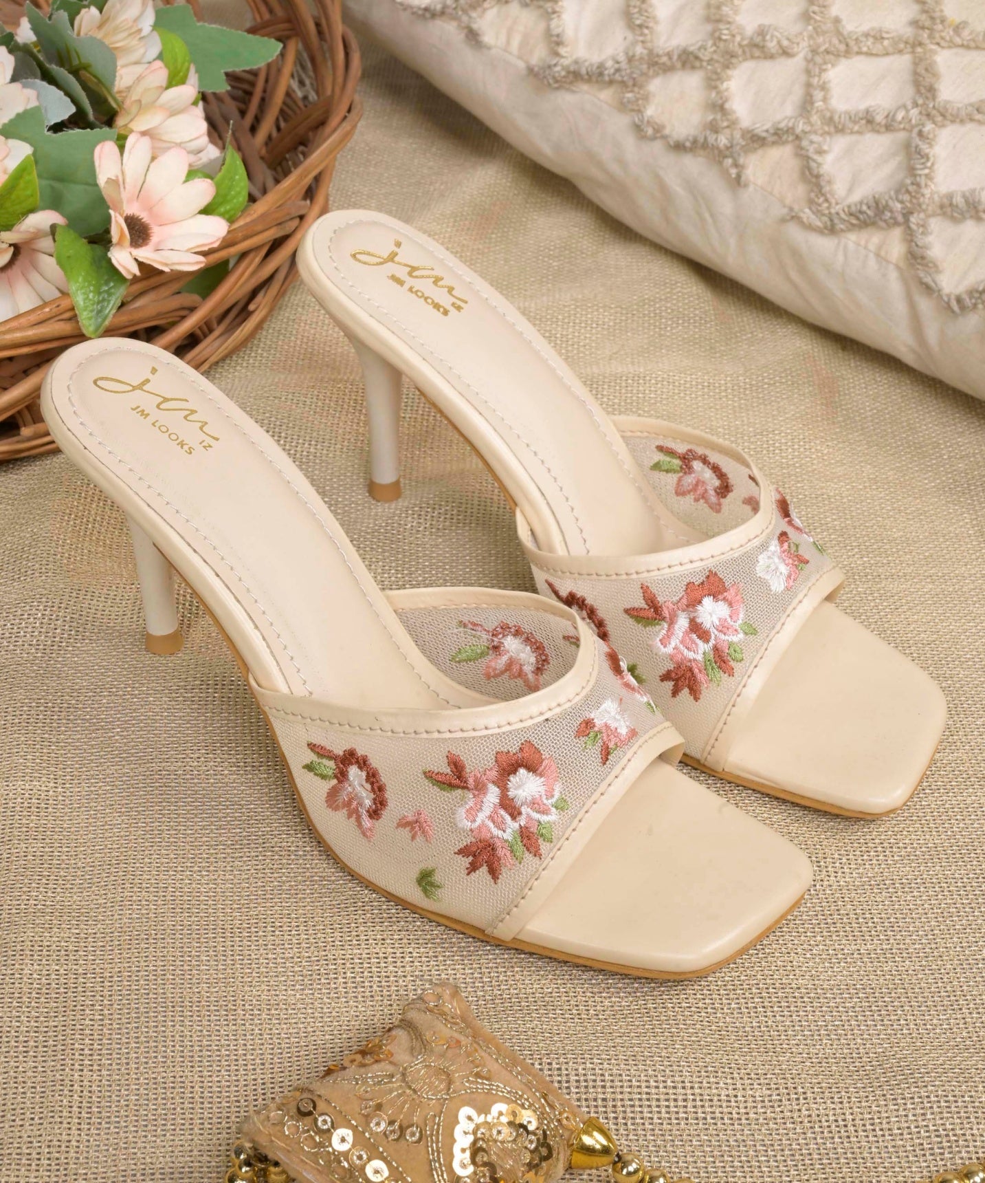 Floral embroidered cream mesh stiletto heel sandal for women with square open toe and slip-on design