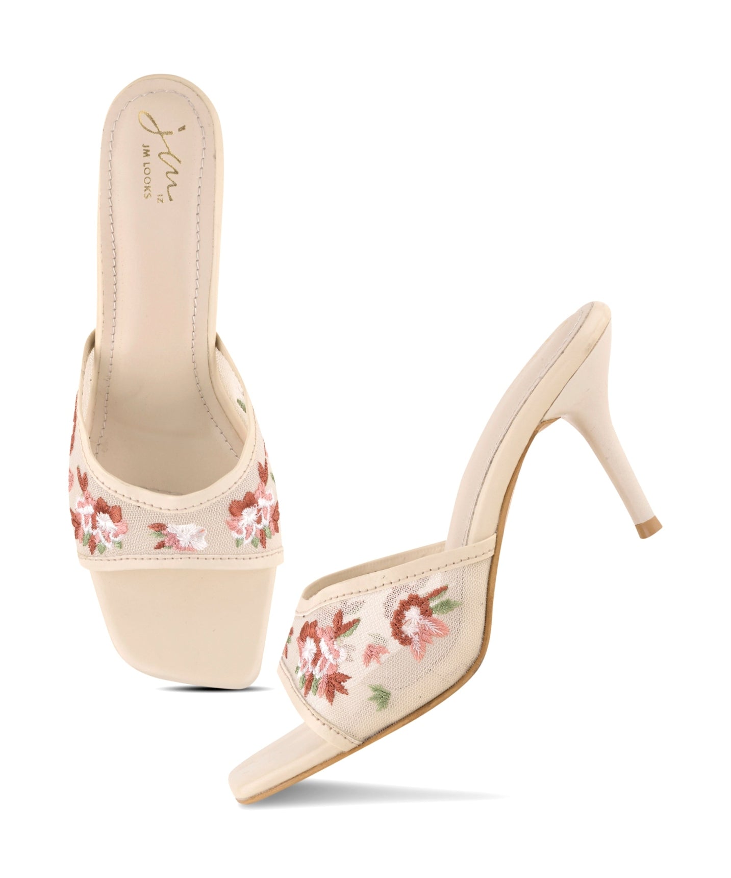 Floral embroidered cream mesh stiletto heel sandal for women with square open toe and slip-on design