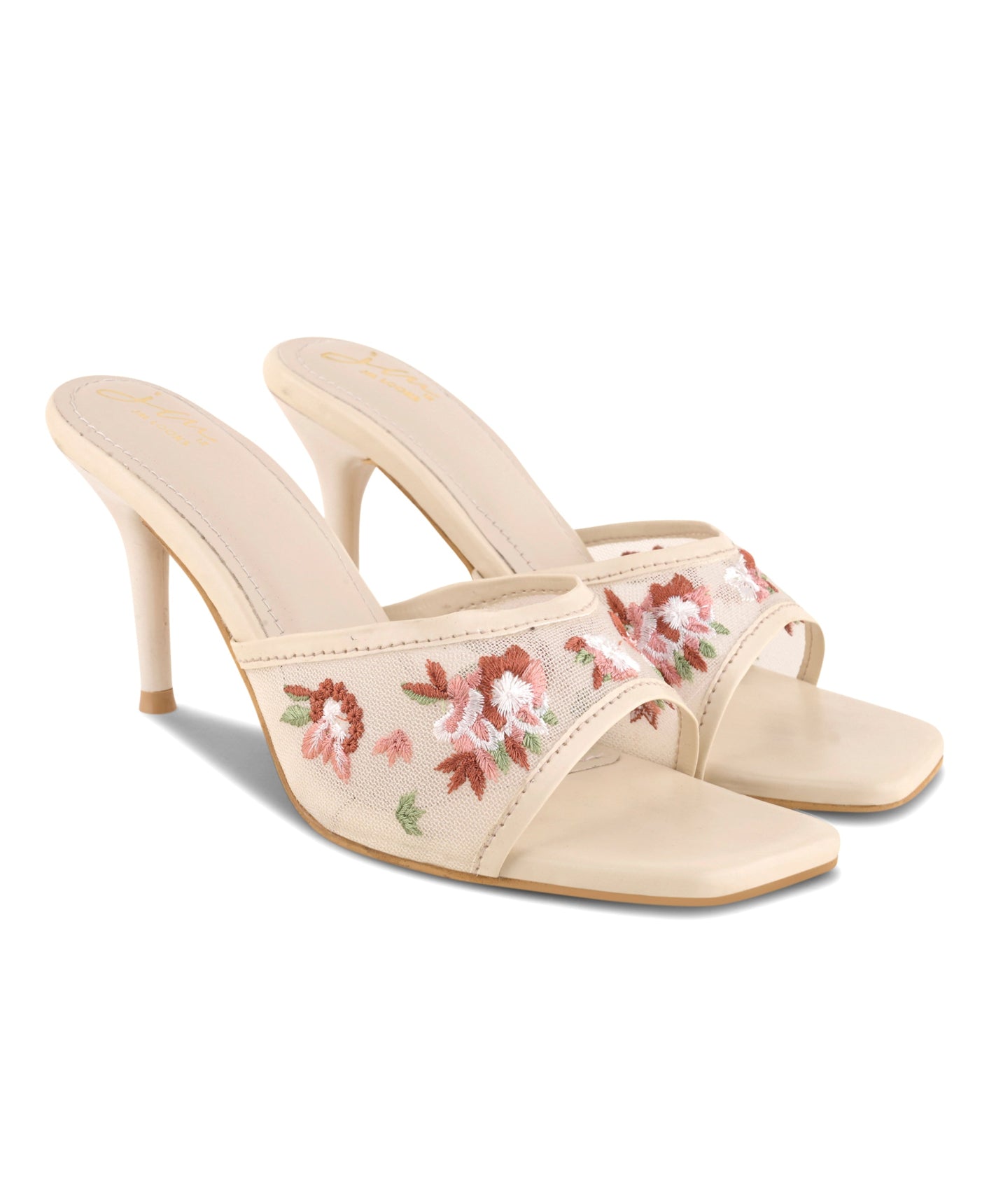 Floral embroidered cream mesh stiletto heel sandal for women with square open toe and slip-on design