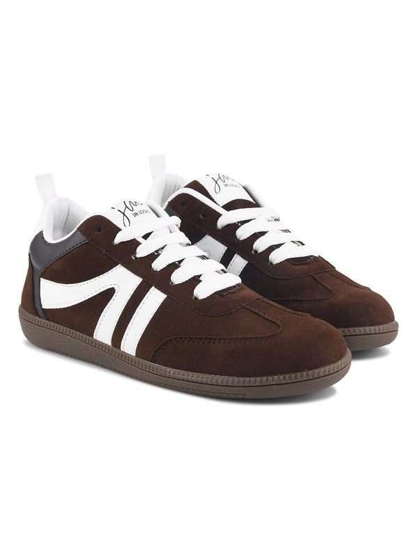 JM Looks Brown Suede Retro Sneakers with White Stripe Detail for Women 