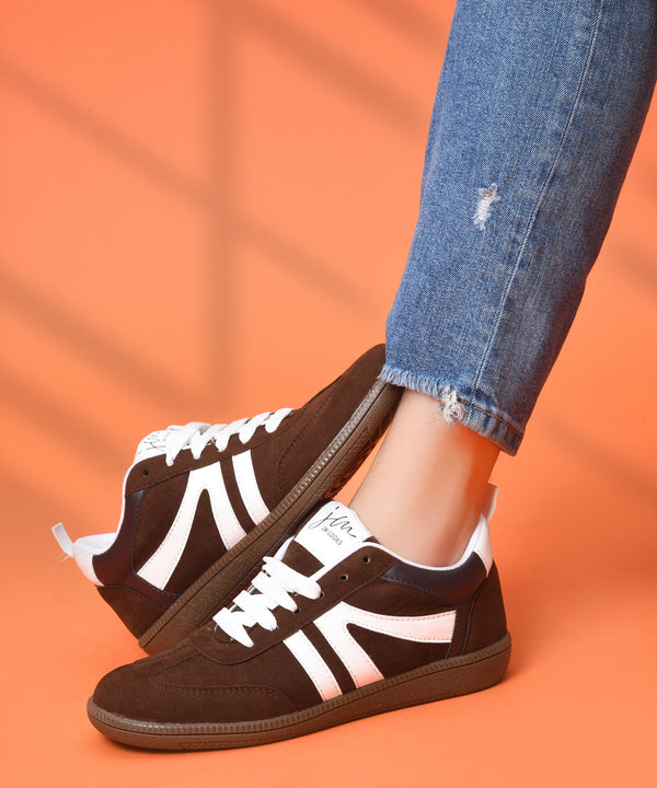 JM Looks Brown Suede Retro Sneakers with White Stripe Detail for Women 