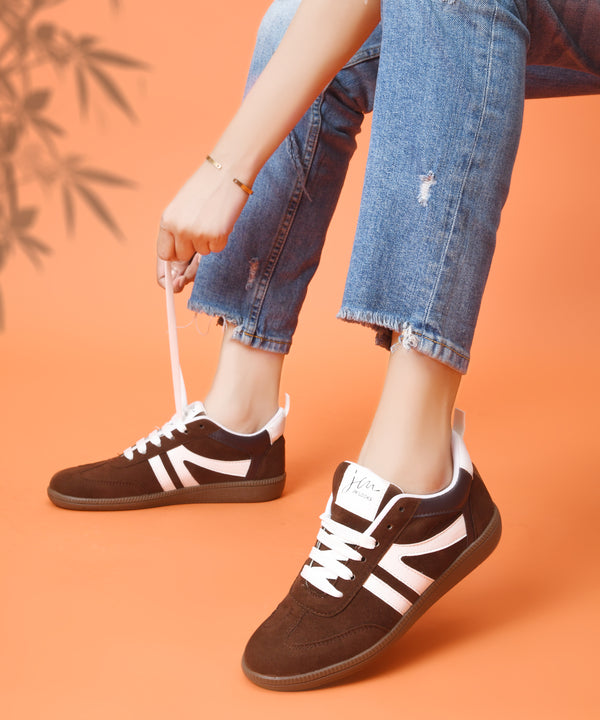 JM Looks Brown Suede Retro Sneakers with White Stripe Detail for Women 