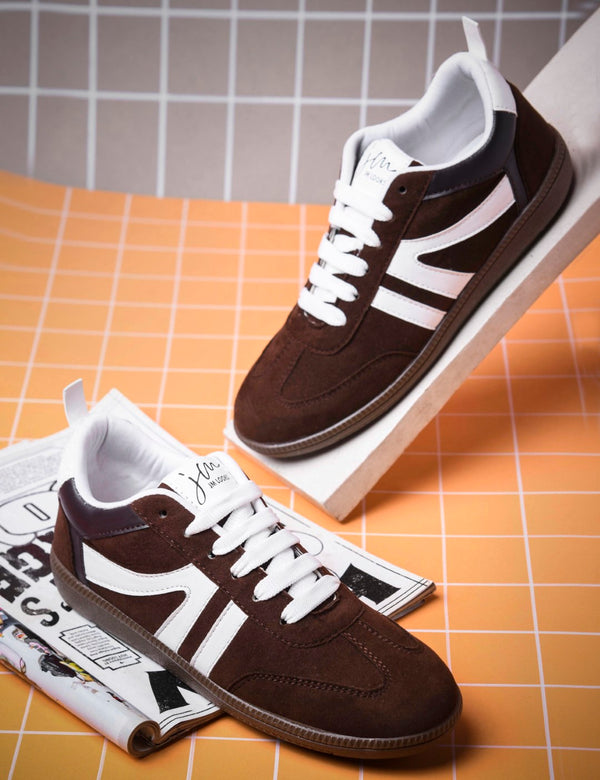 JM Looks Brown Suede Retro Sneakers with White Stripe Detail for Women 