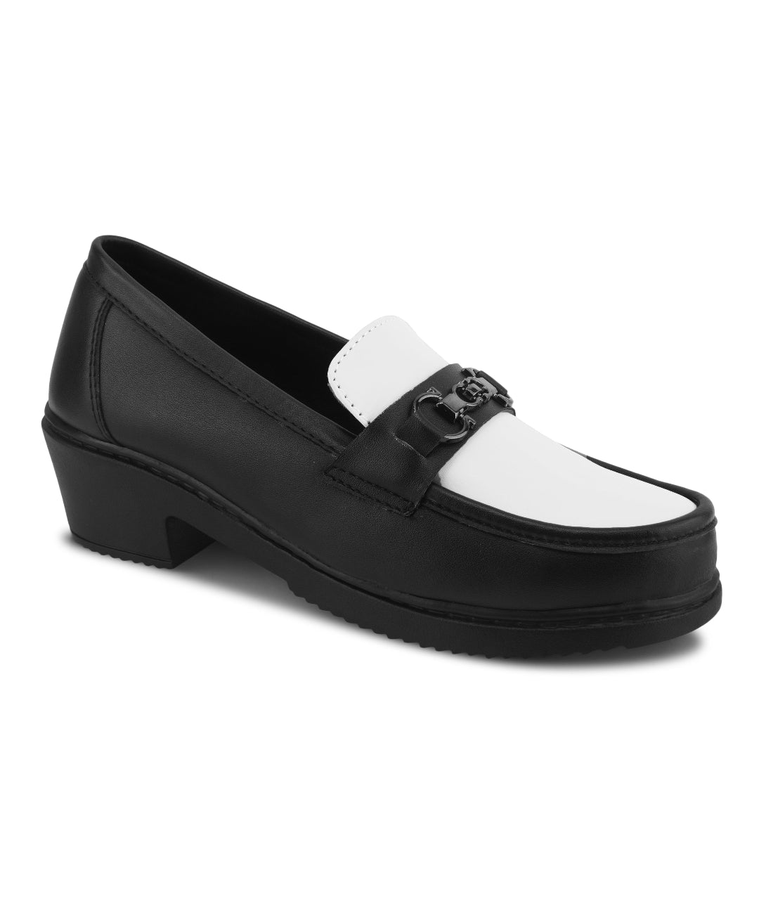 Black-White Women’s Smart Casual Block Heel Loafers