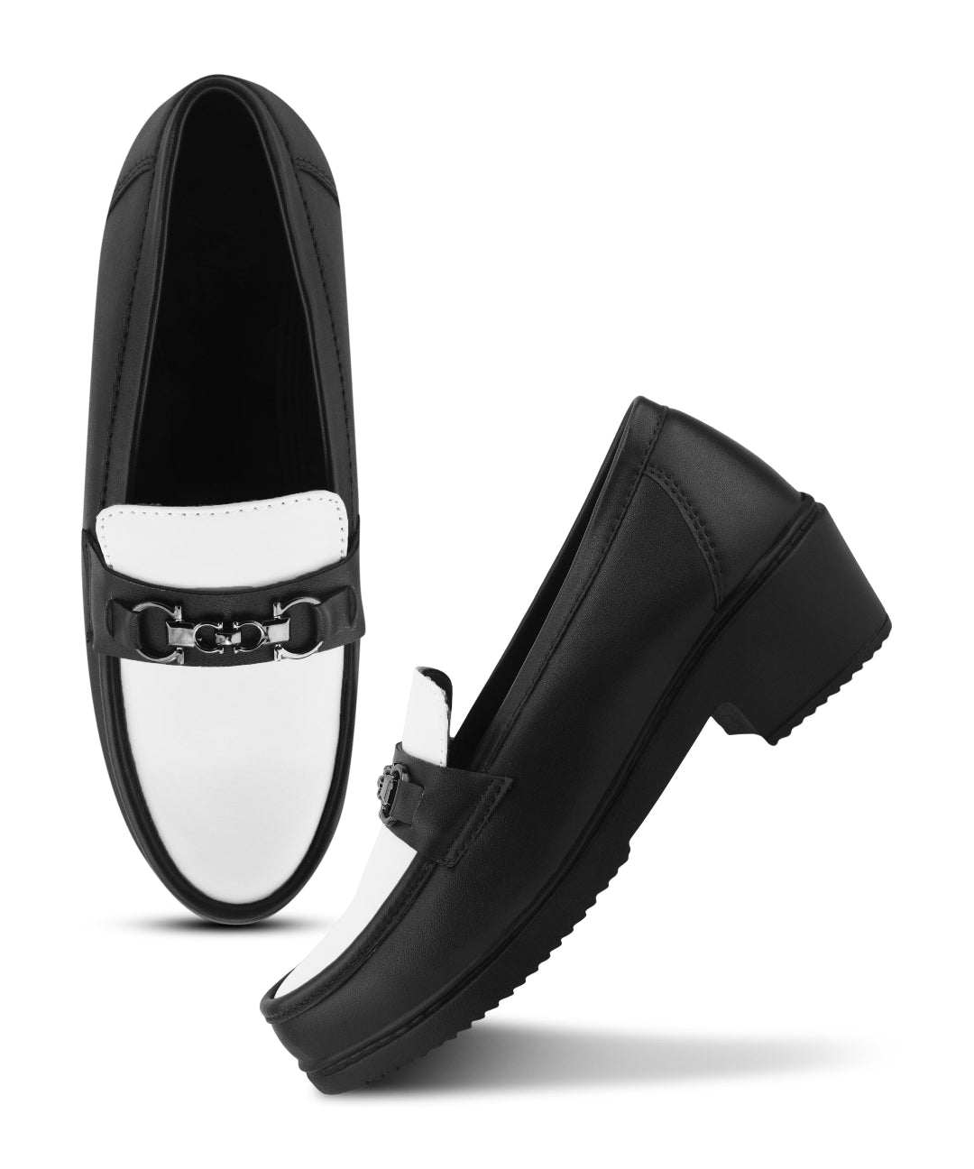 Black-White Women’s Smart Casual Block Heel Loafers