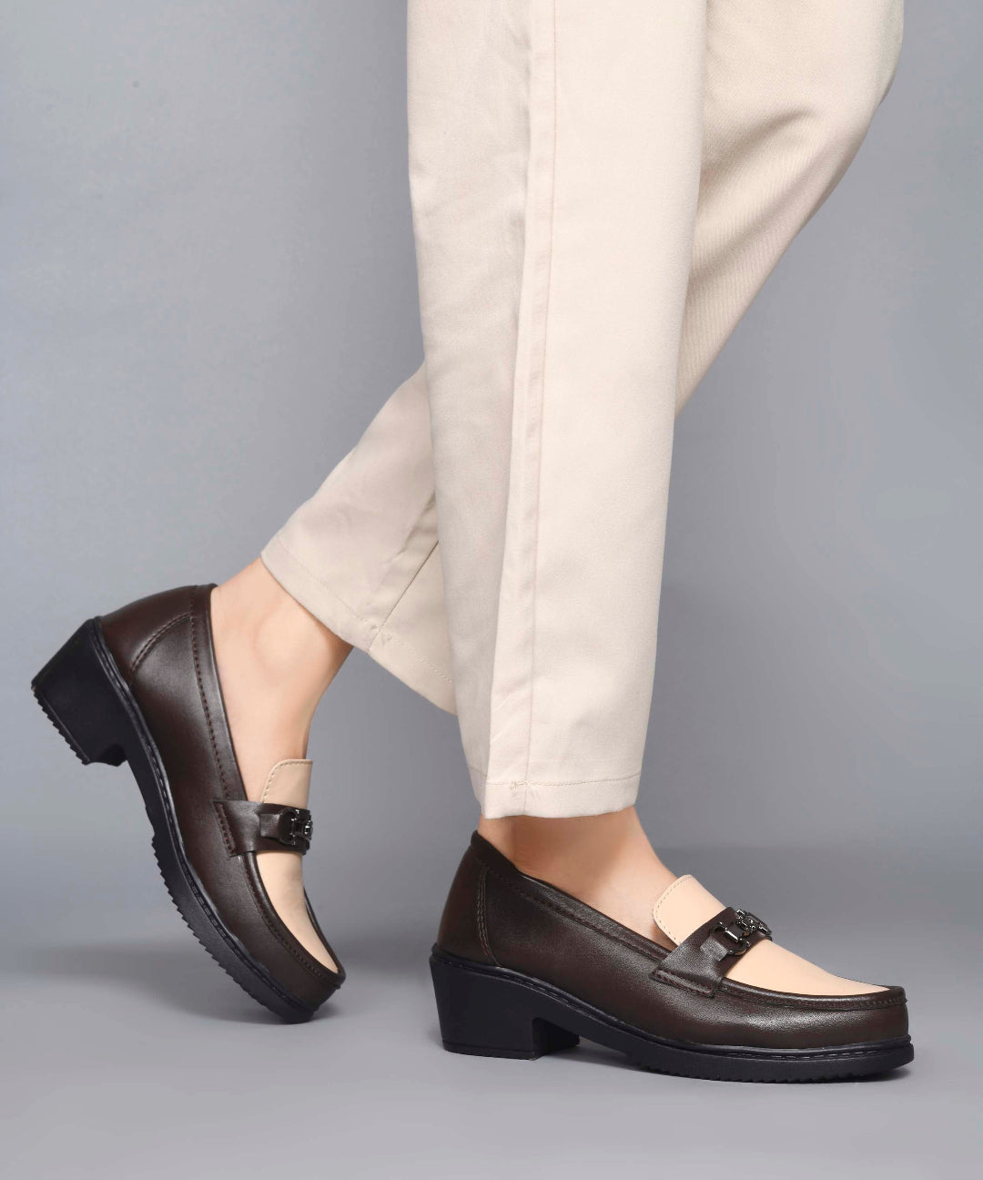 Brown-Cream Women’s Smart Casual Block Heel Loafers