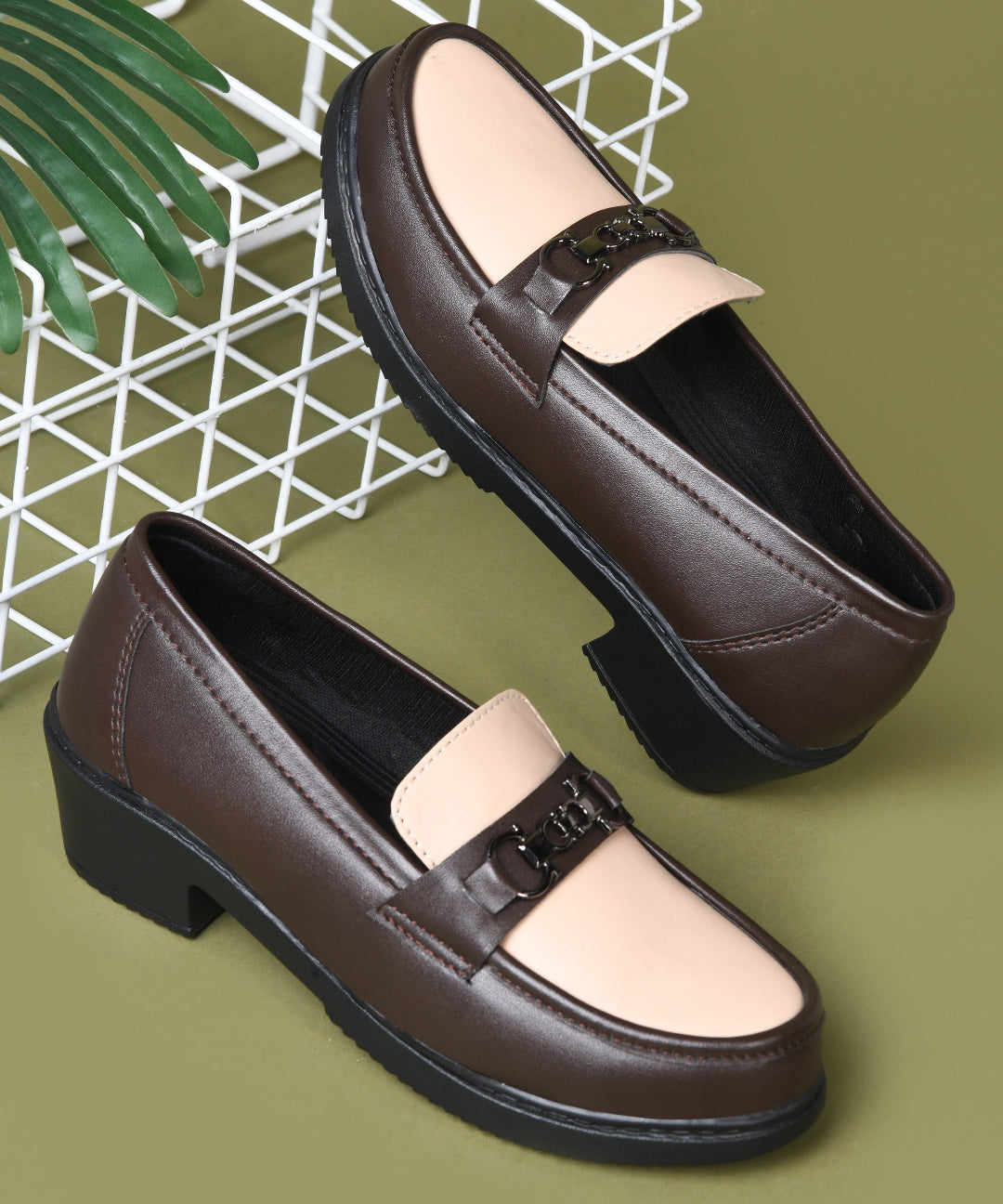 Brown-Cream Women’s Smart Casual Block Heel Loafers