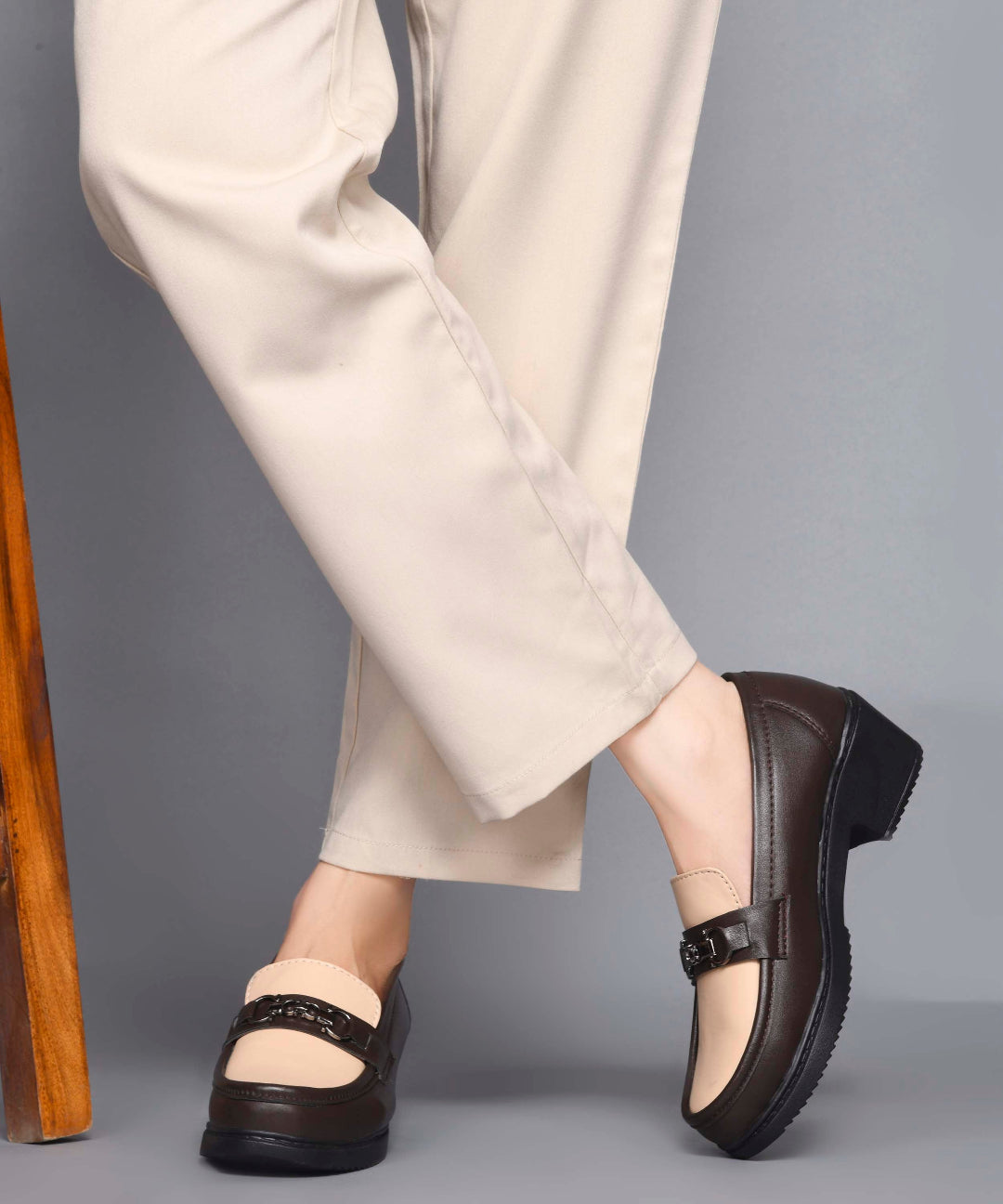 Brown-Cream Women’s Smart Casual Block Heel Loafers