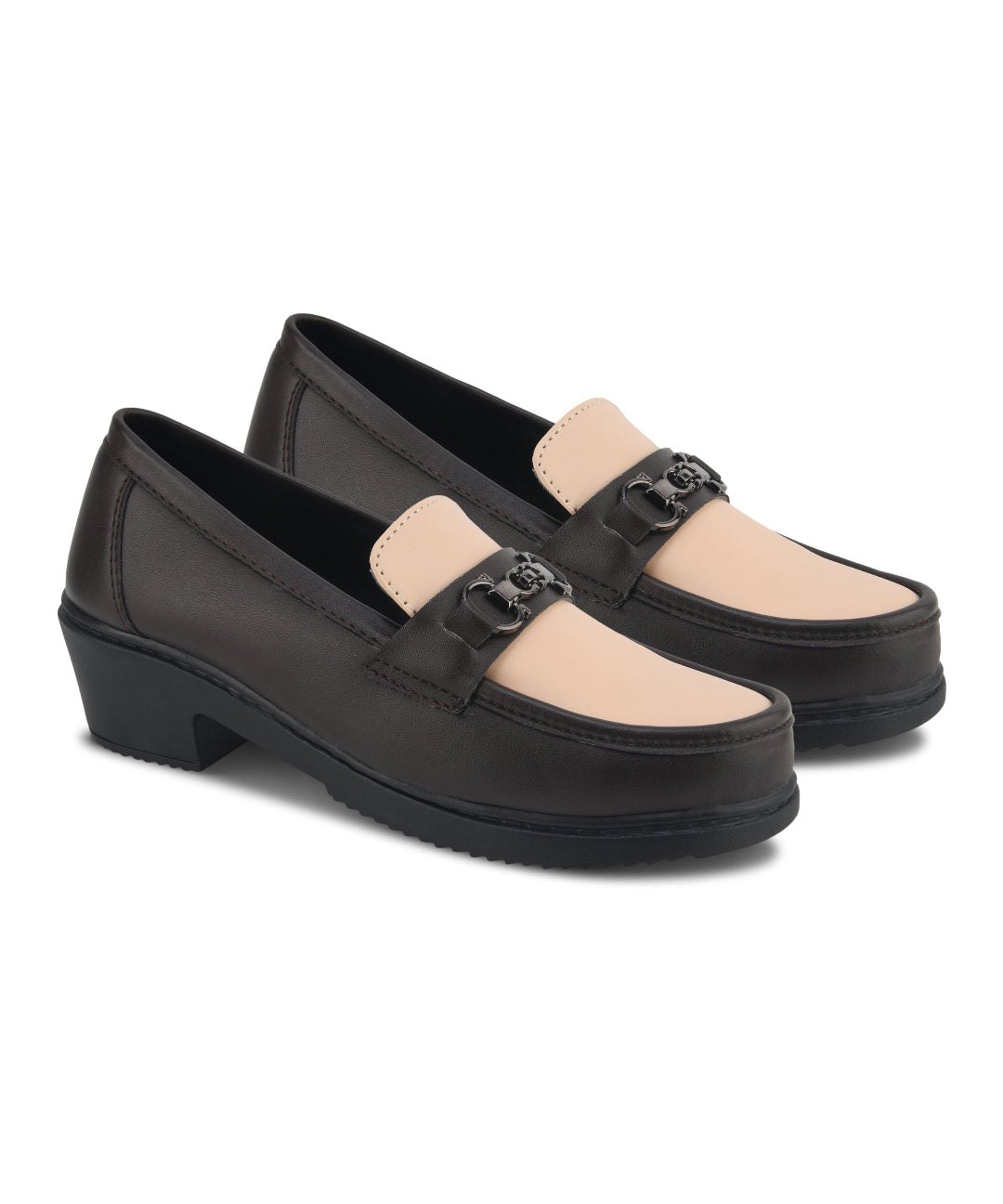 Brown-Cream Women’s Smart Casual Block Heel Loafers