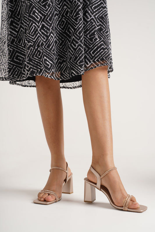 Jm Looks embellished strap block heel sandals with a patterned dress
 Golden