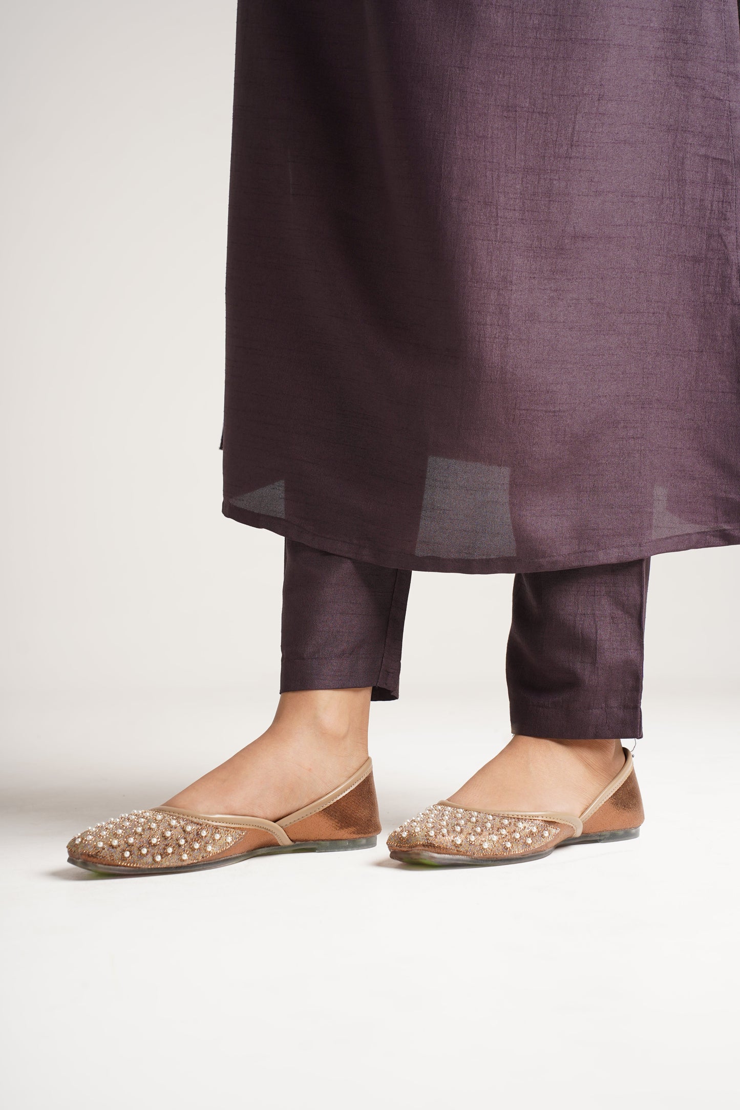 JM Looks jutti flats featuring a pearl-embellished toe and a contrasting textured upper
 Brown