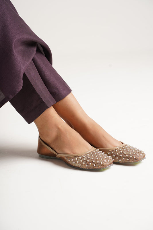 JM Looks jutti flats featuring a pearl-embellished toe and a contrasting textured upper
 Brown