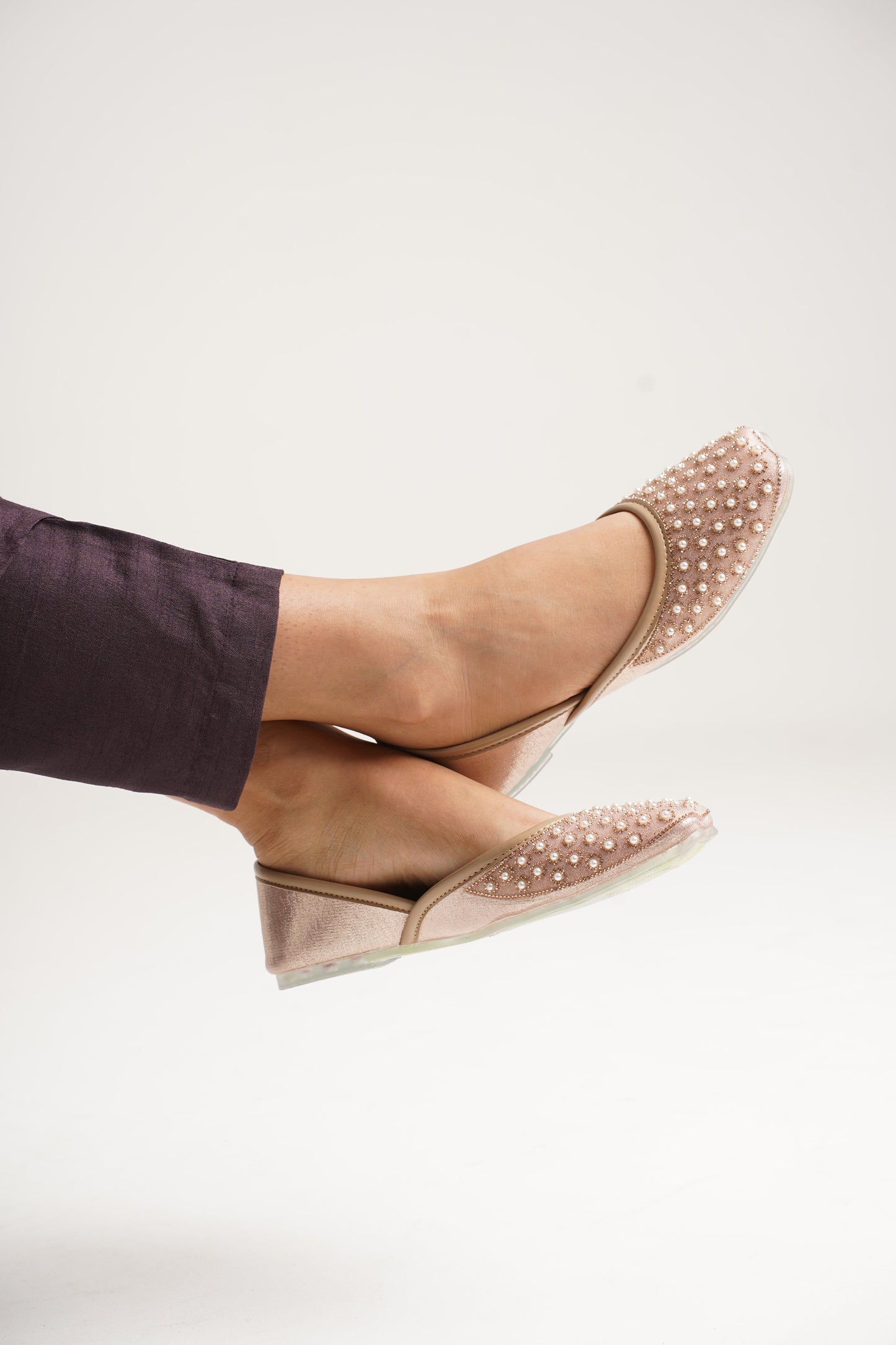 JM Looks jutti flats featuring a pearl-embellished toe and a contrasting textured upper
 Peach