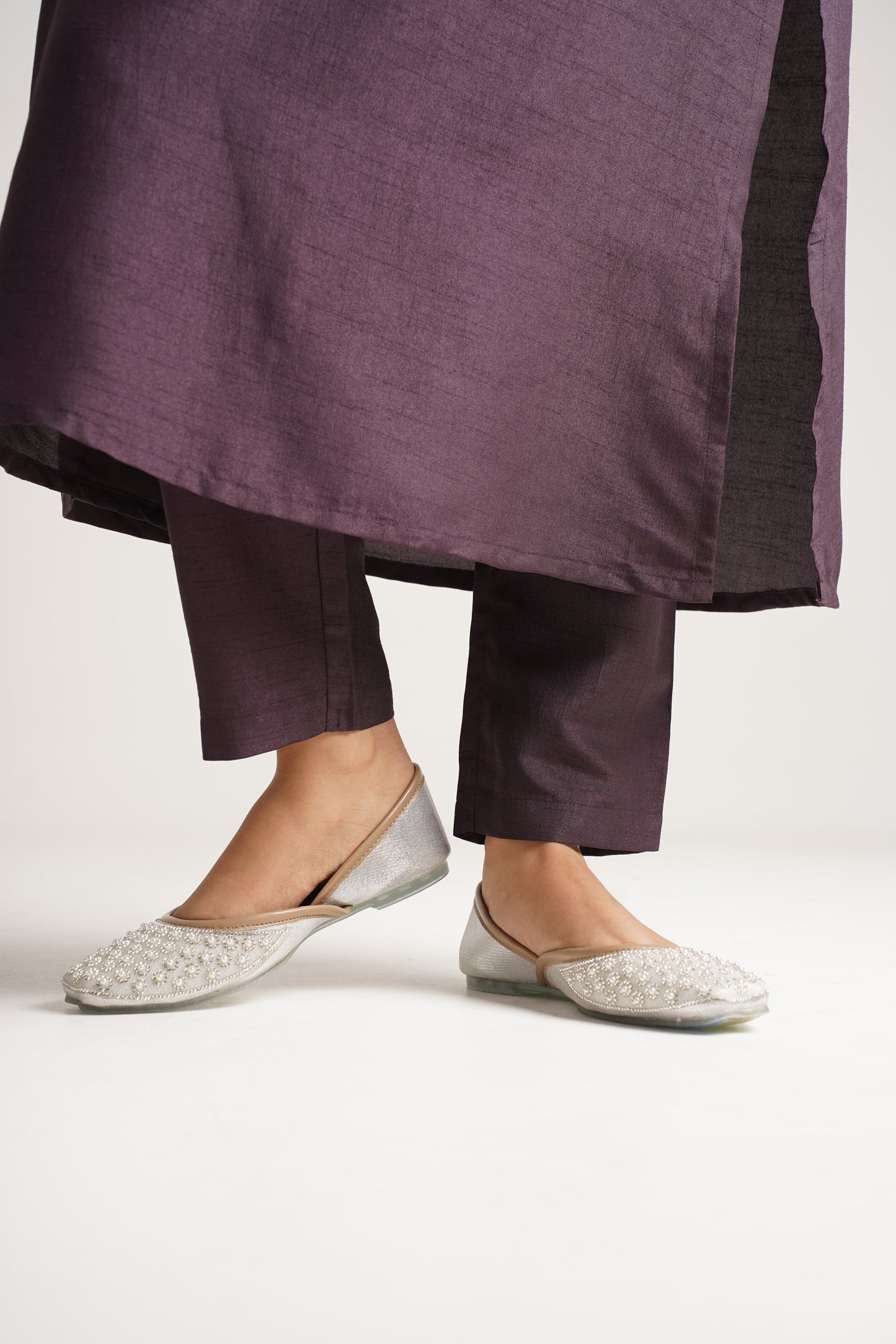 JM Looks jutti flats featuring a pearl-embellished toe and a contrasting textured upper
 Silver