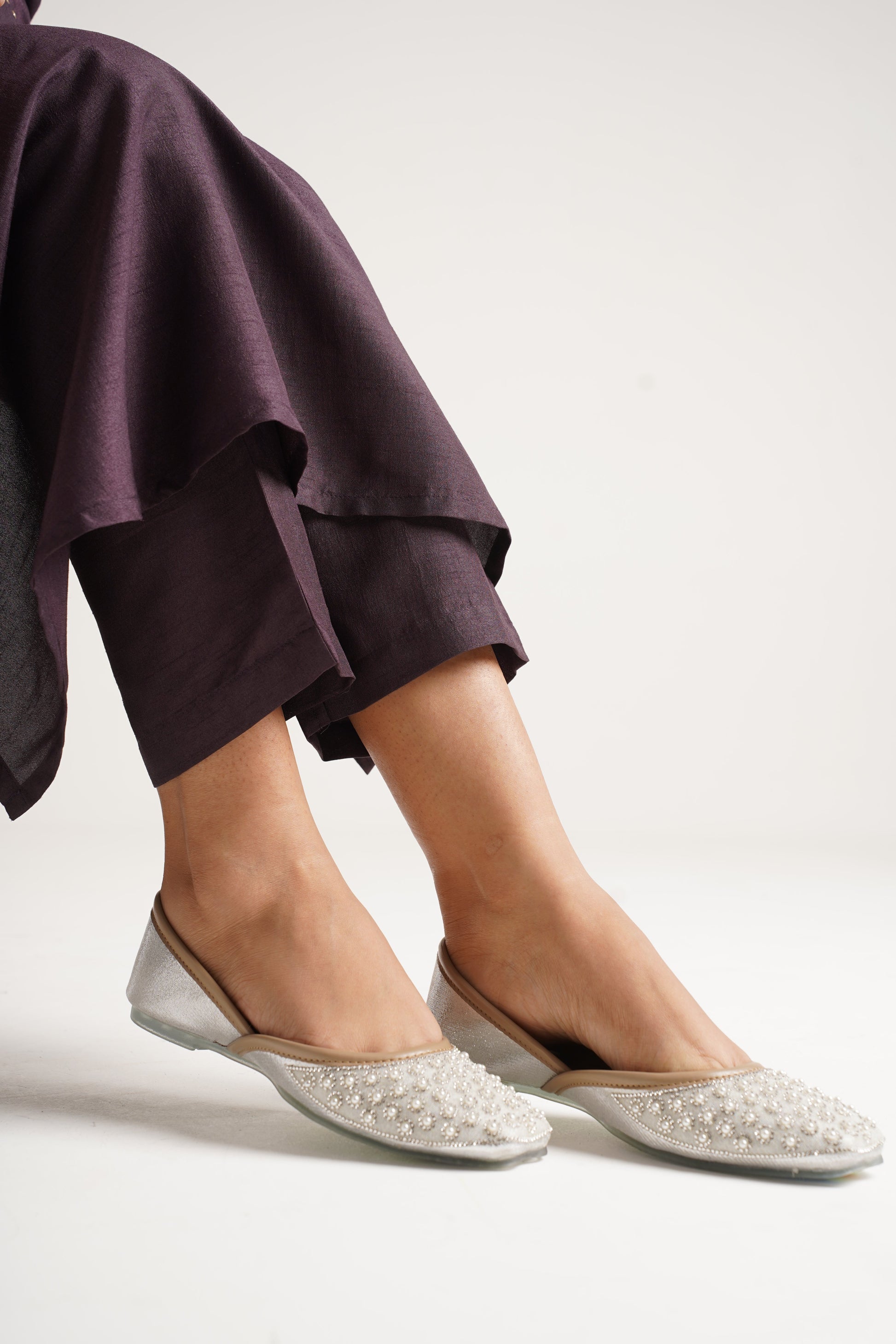 JM Looks jutti flats featuring a pearl-embellished toe and a contrasting textured upper
 Silver