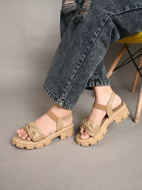 Jm Looks chunky sandals with a knotted bow on the front strap and an ankle strap
 Beige