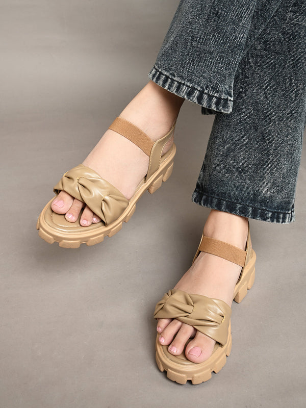 Jm Looks chunky sandals with a knotted bow on the front strap and an ankle strap
 Beige
