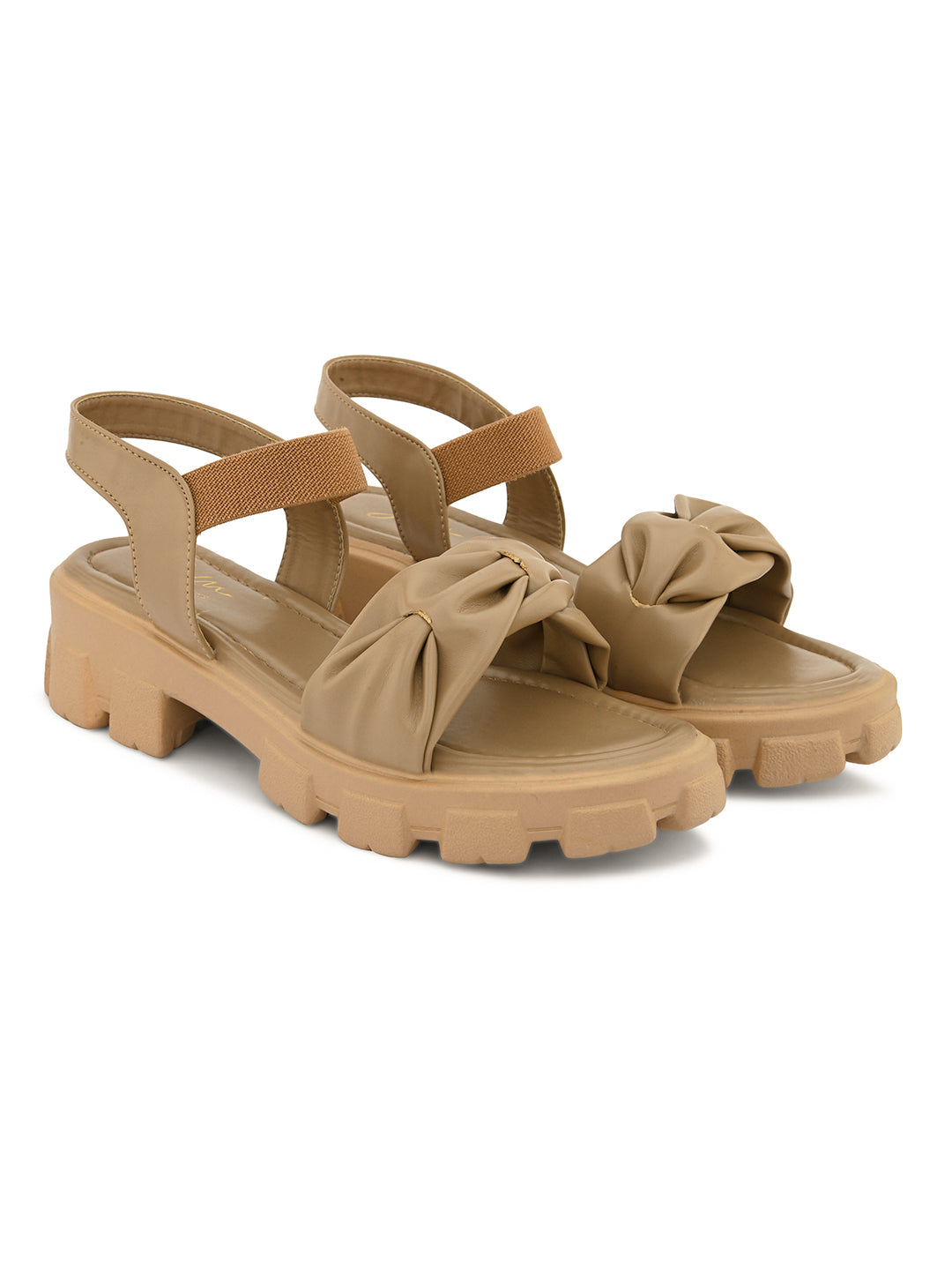 Jm Looks chunky sandals with a knotted bow on the front strap and an ankle strap
 Beige