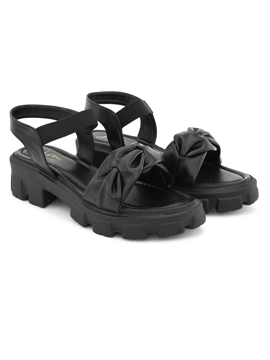 Jm Looks chunky sandals with a knotted bow on the front strap and an ankle strap
 Black
