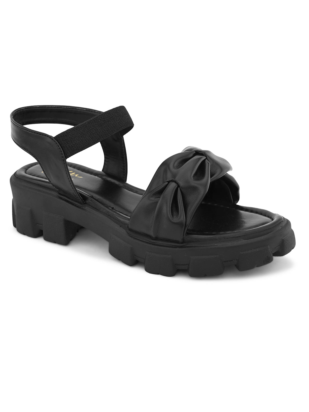 Jm Looks chunky sandals with a knotted bow on the front strap and an ankle strap
 Black