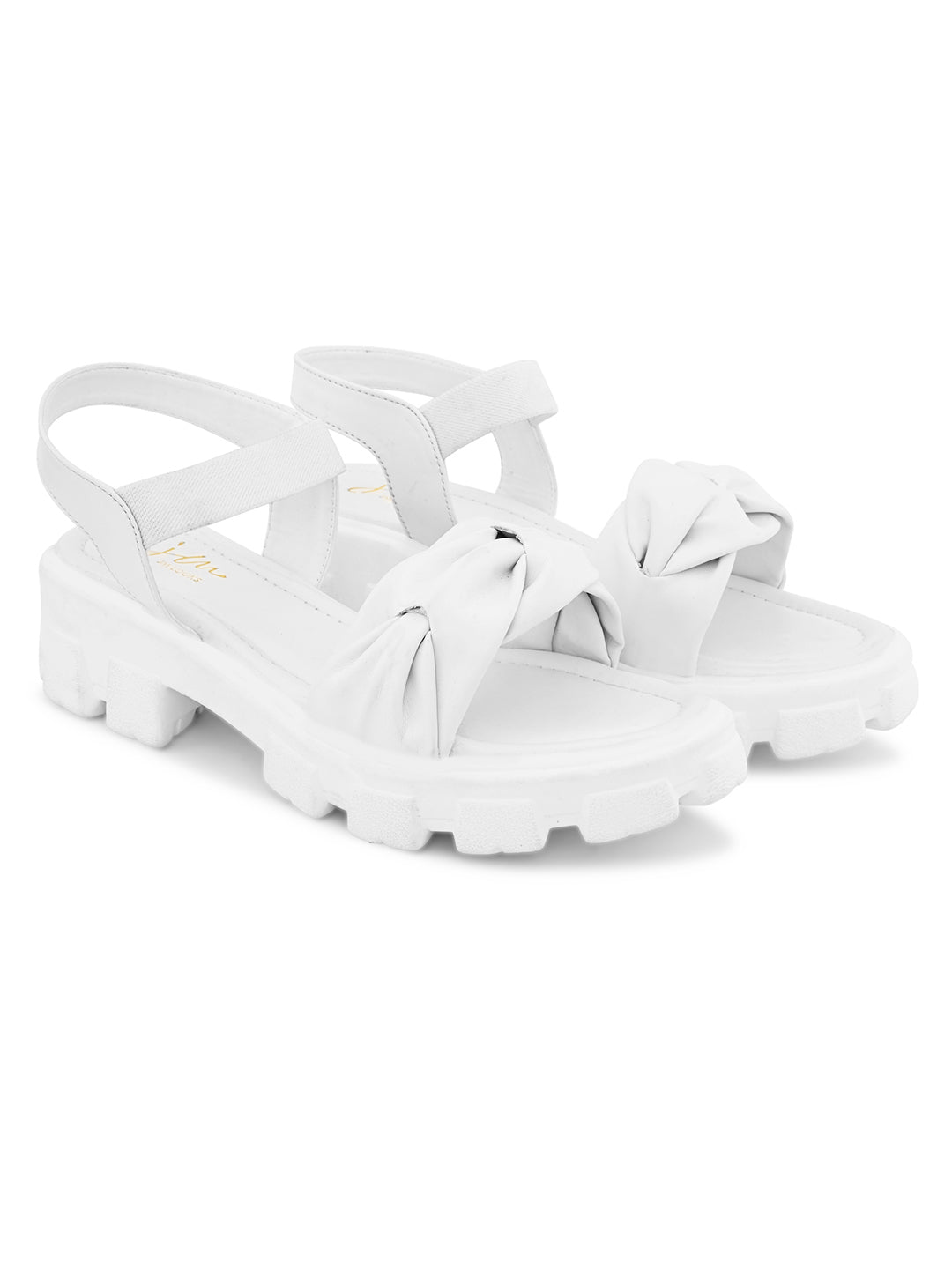 Jm Looks chunky sandals with a knotted bow on the front strap and an ankle strap
 White