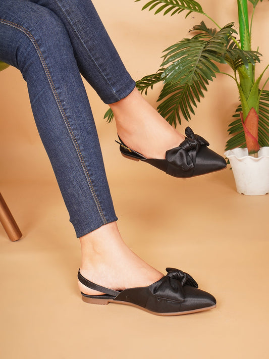 Women’s pointed-toe slingback flats with oversized bow Black