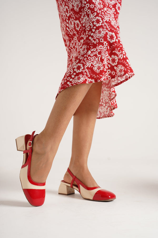 Slingback Glossy Red block heels for women with ankle strap & Buckle