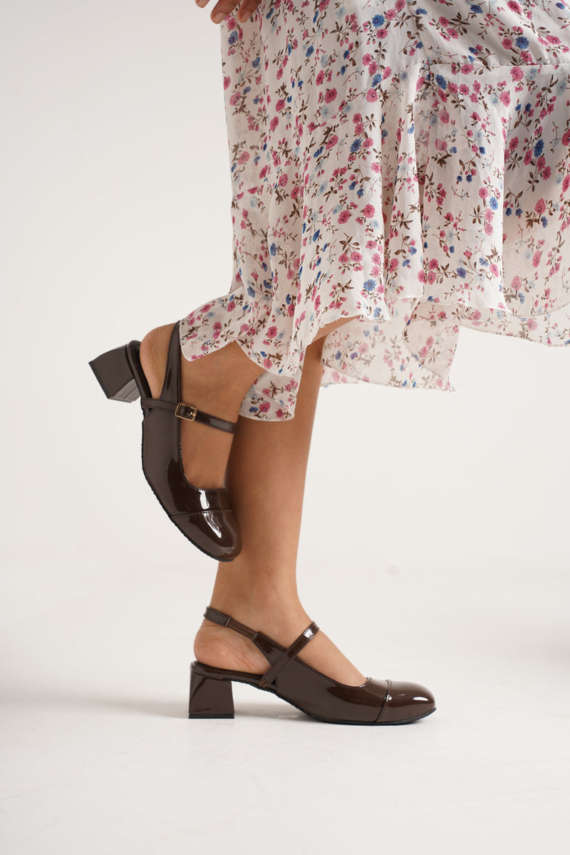 Slingback Glossy Block Heels With Buckle - 30