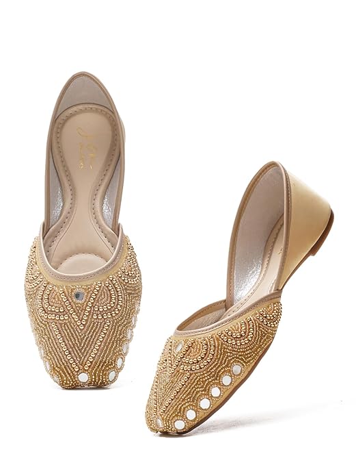 Women Golden Handcrafted pearls and beads work Embellished Ethnic Punjabi Jutti Mojaris