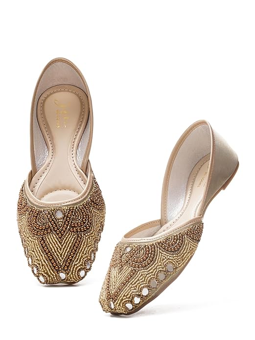 Women Green Handcrafted pearls and beads work Embellished Ethnic Punjabi Jutti Mojaris