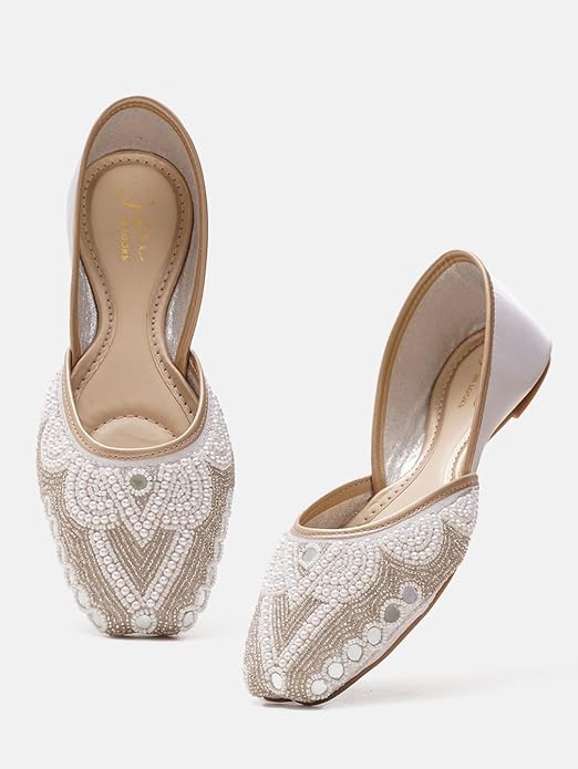 Women White Handcrafted Embellished Ethnic Floral Punjabi Jutti Mojaris with pearls and beads work