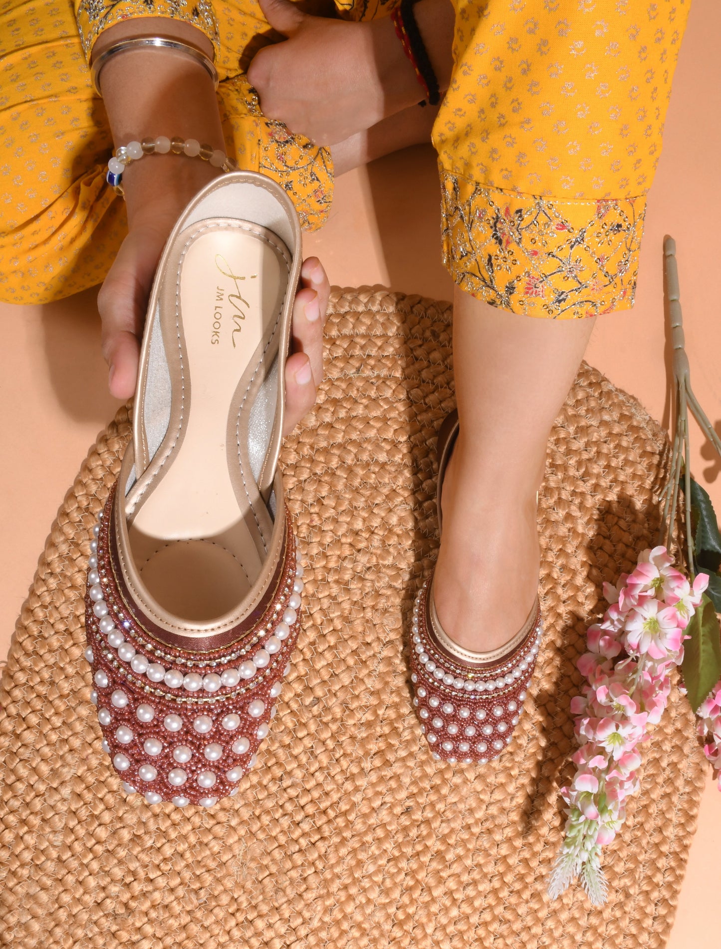 Ethnic Embellished Square Toe Mojaris for Women and Girls at JM LOOKS Maroon