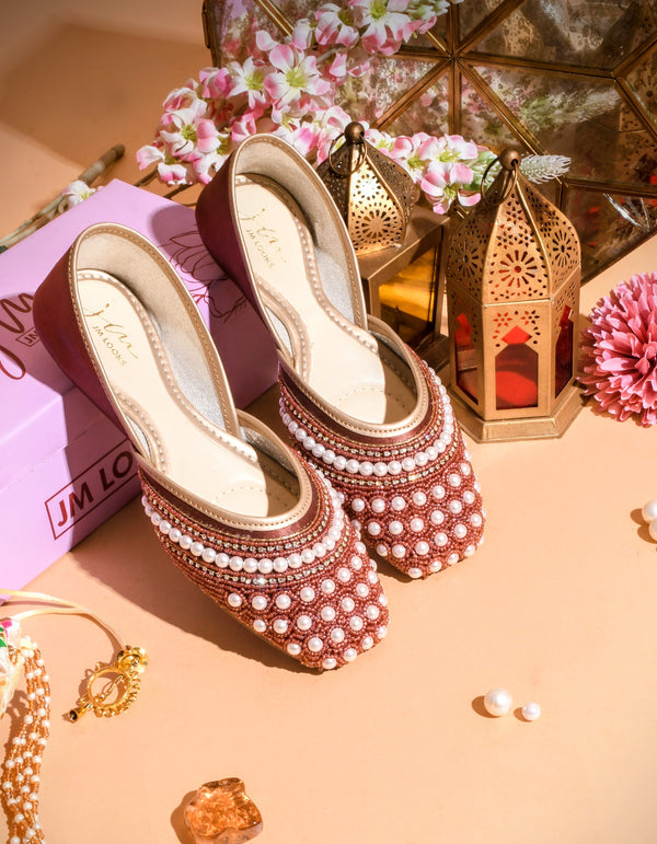 Ethnic Embellished Square Toe Mojaris for Women and Girls at JM LOOKS Maroon