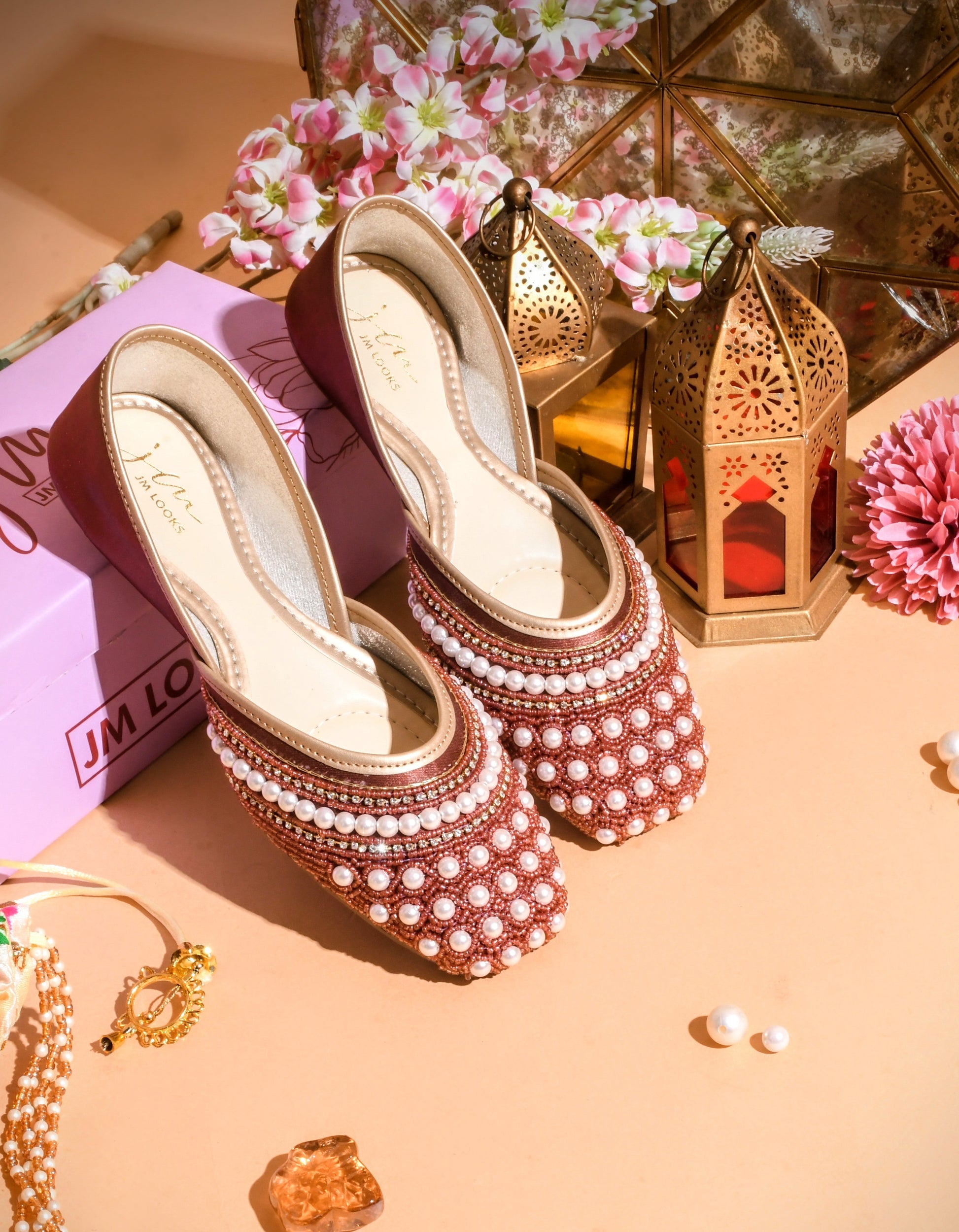Ethnic Embellished Square Toe Mojaris for Women and Girls at JM LOOKS Maroon