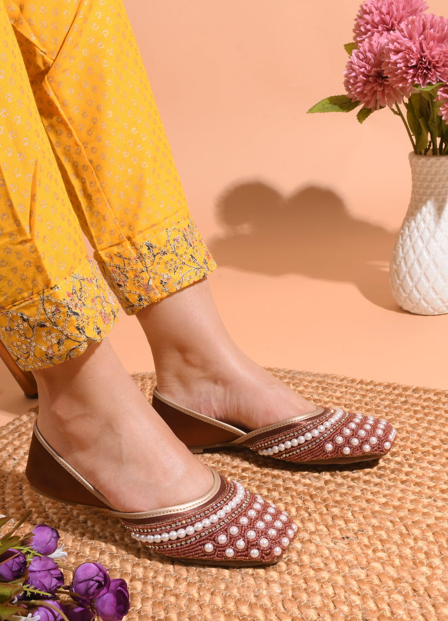 Ethnic Embellished Square Toe Mojaris for Women and Girls at JM LOOKS Maroon