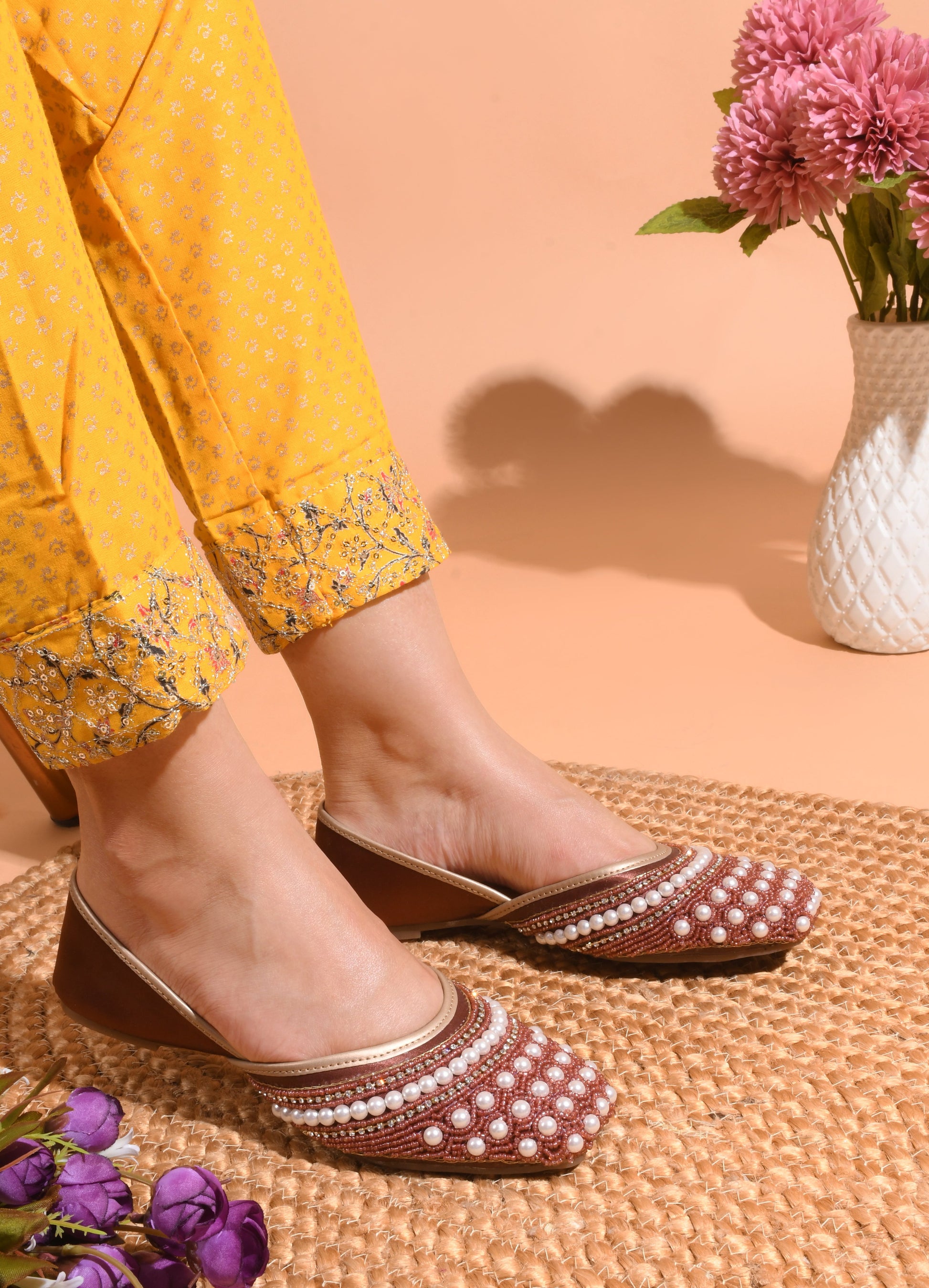 Ethnic Embellished Square Toe Mojaris for Women and Girls at JM LOOKS Maroon