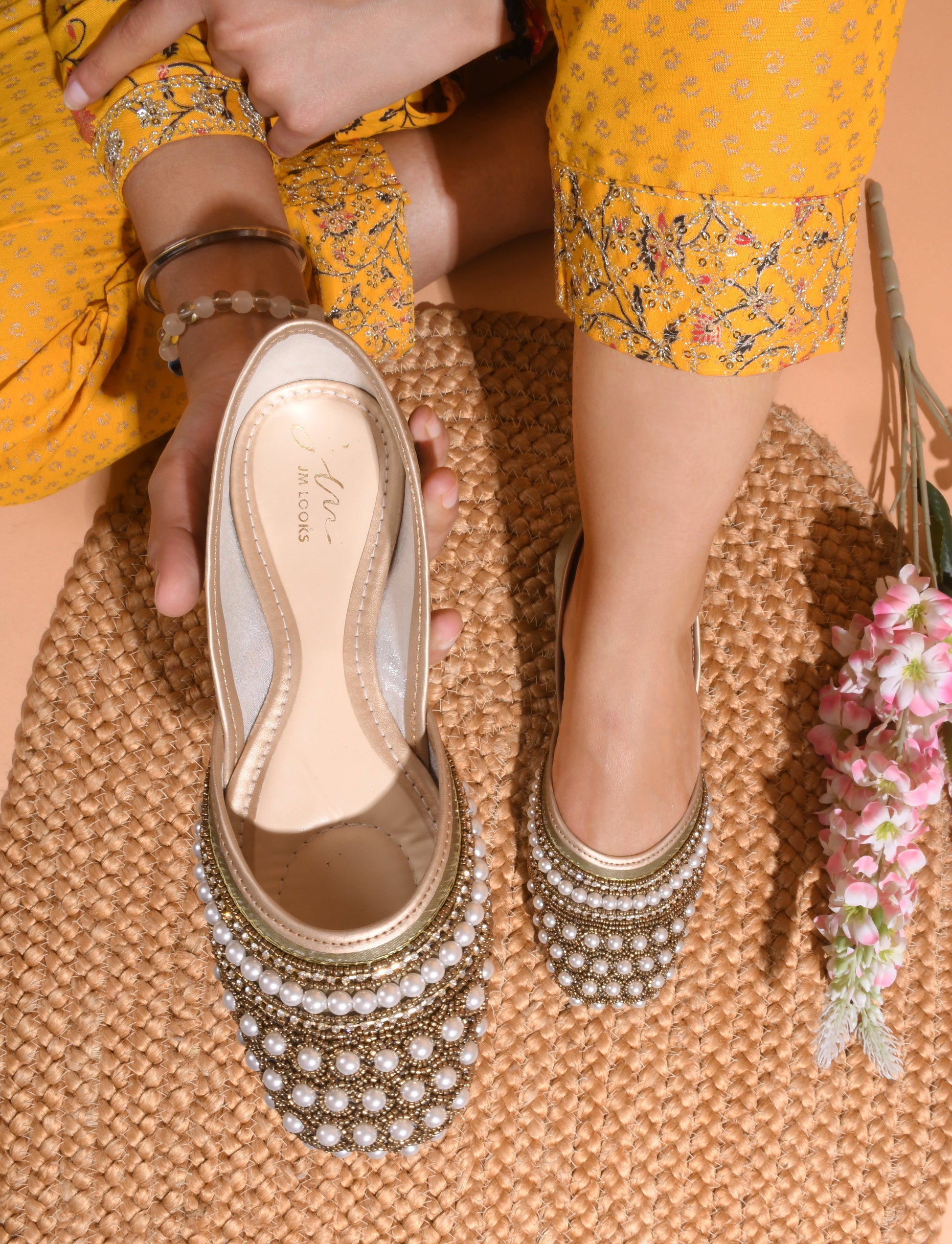 Ethnic Embellished Square Toe Mojaris for Women and Girls at JM LOOKS Green