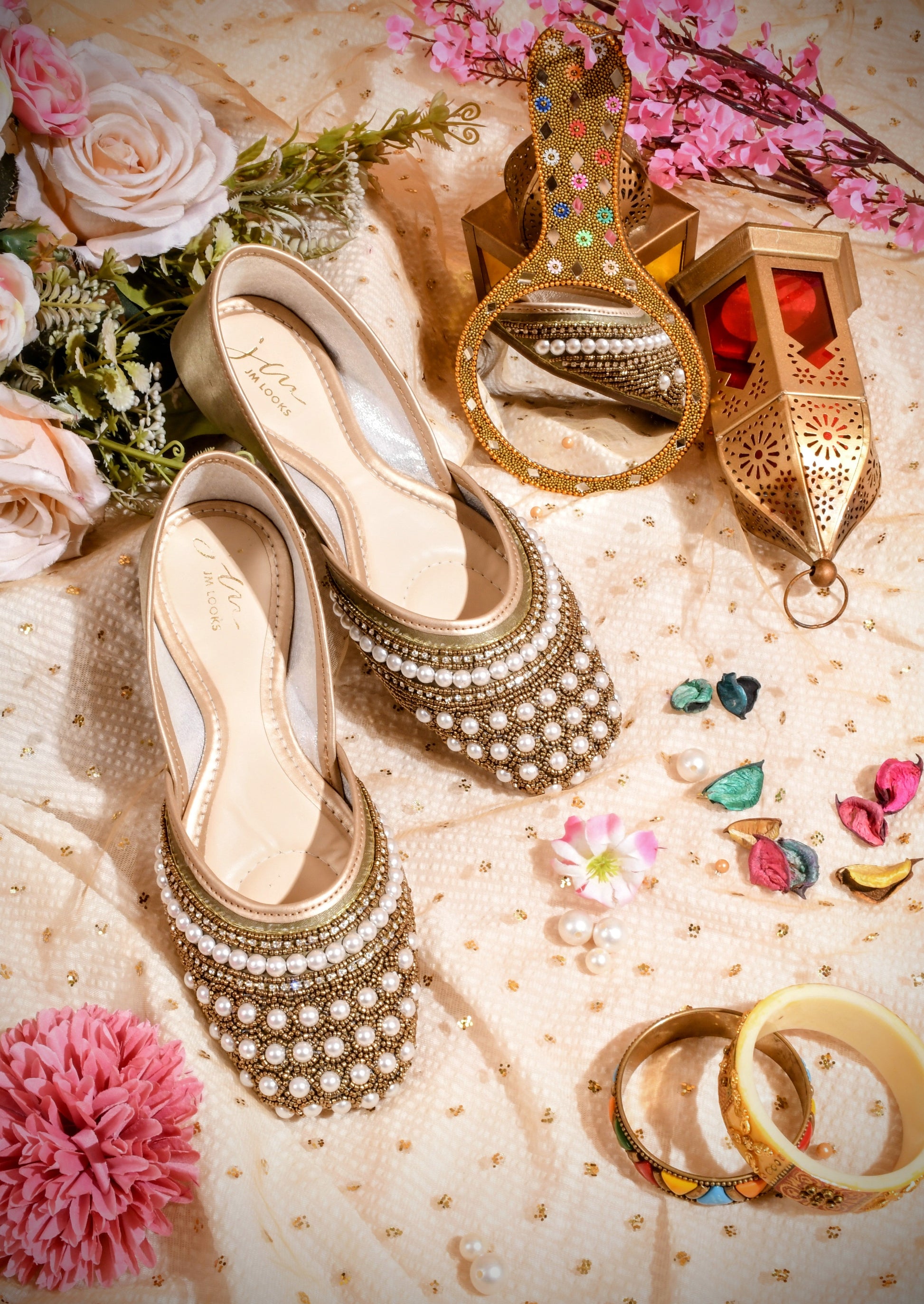 Ethnic Embellished Square Toe Mojaris for Women and Girls at JM LOOKS Green