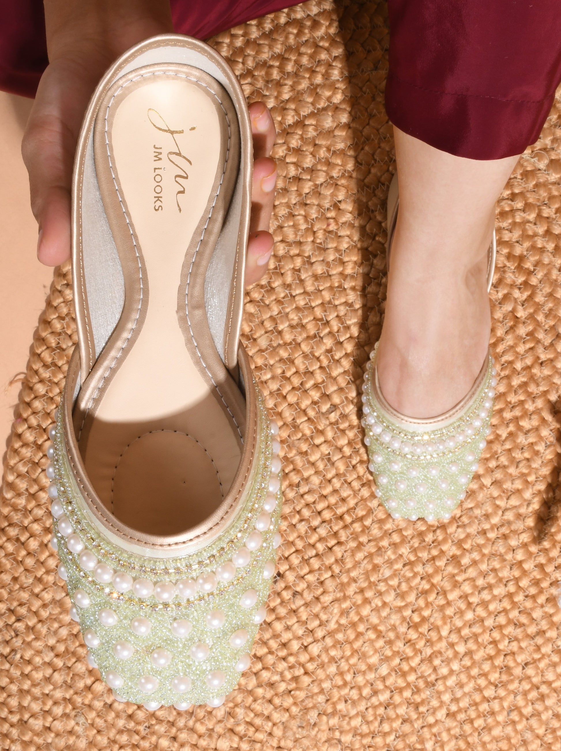 Ethnic Embellished Square Toe Mojaris for Women and Girls at JM LOOKS Light Green