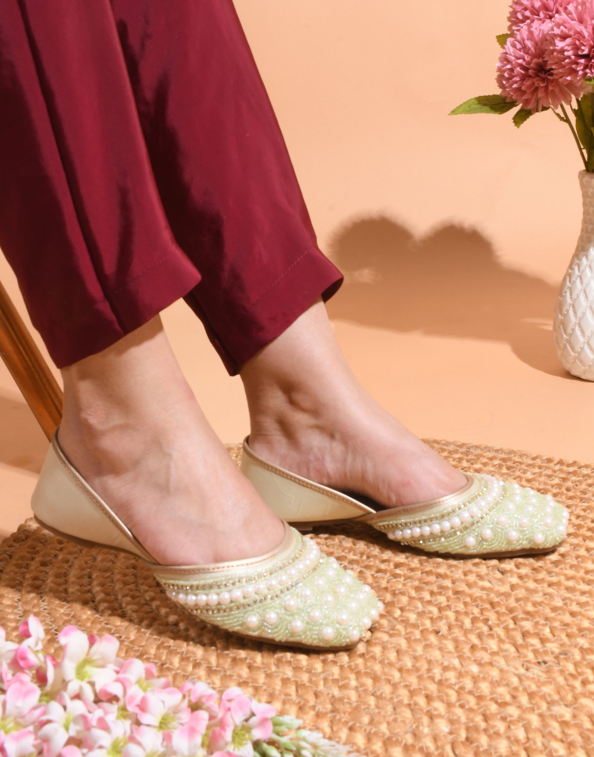Ethnic Embellished Square Toe Mojaris for Women and Girls at JM LOOKS Light Green
