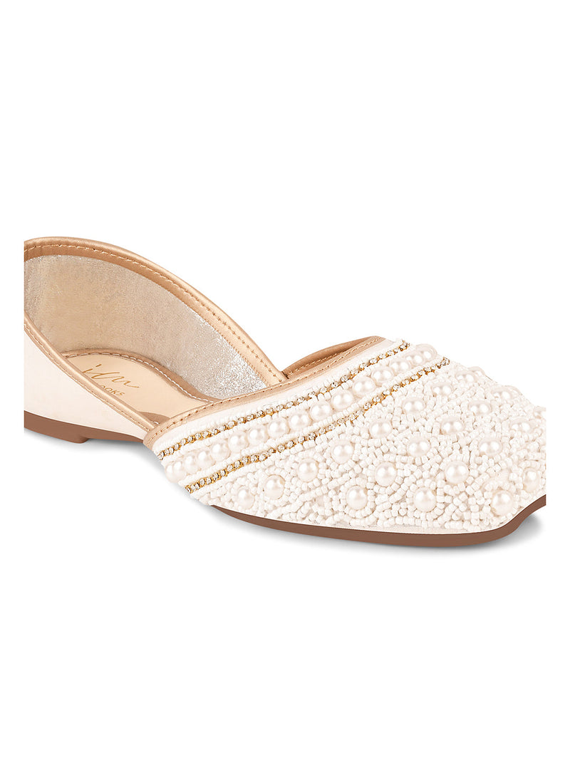 Ethnic Embellished Square Toe Mojaris for Women and Girls at JM LOOKS White
