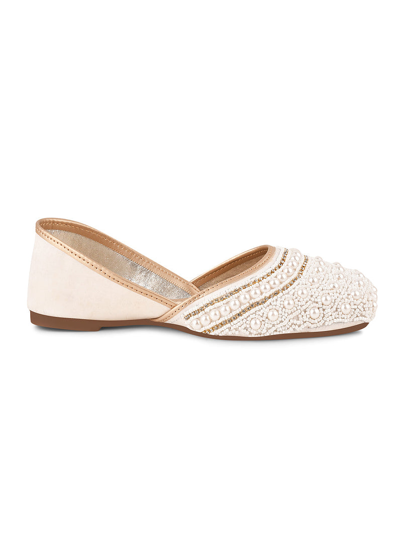 Ethnic Embellished Square Toe Mojaris for Women and Girls at JM LOOKS White