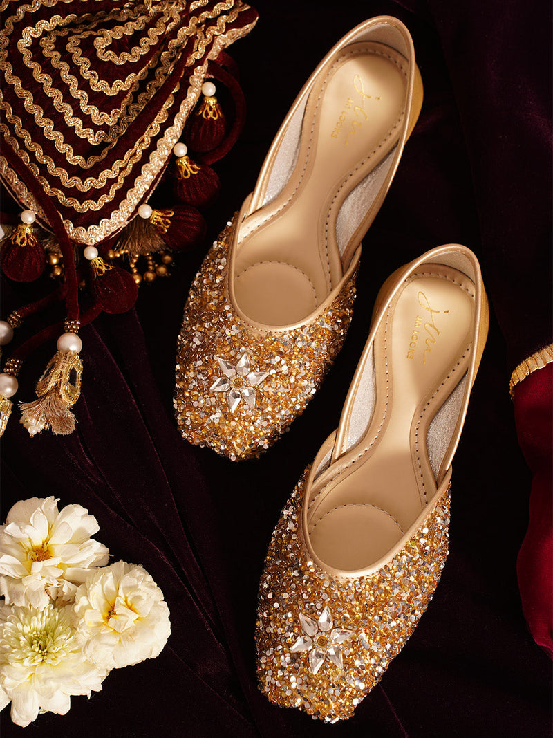 traditional Embellished Slip-On glitter jutti for women floral motif Golden for women, JM Looks