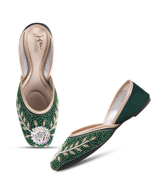 Women Dark Green Regal Handcrafted Embroidered Floral Sequin Work Punjabi Juttis 