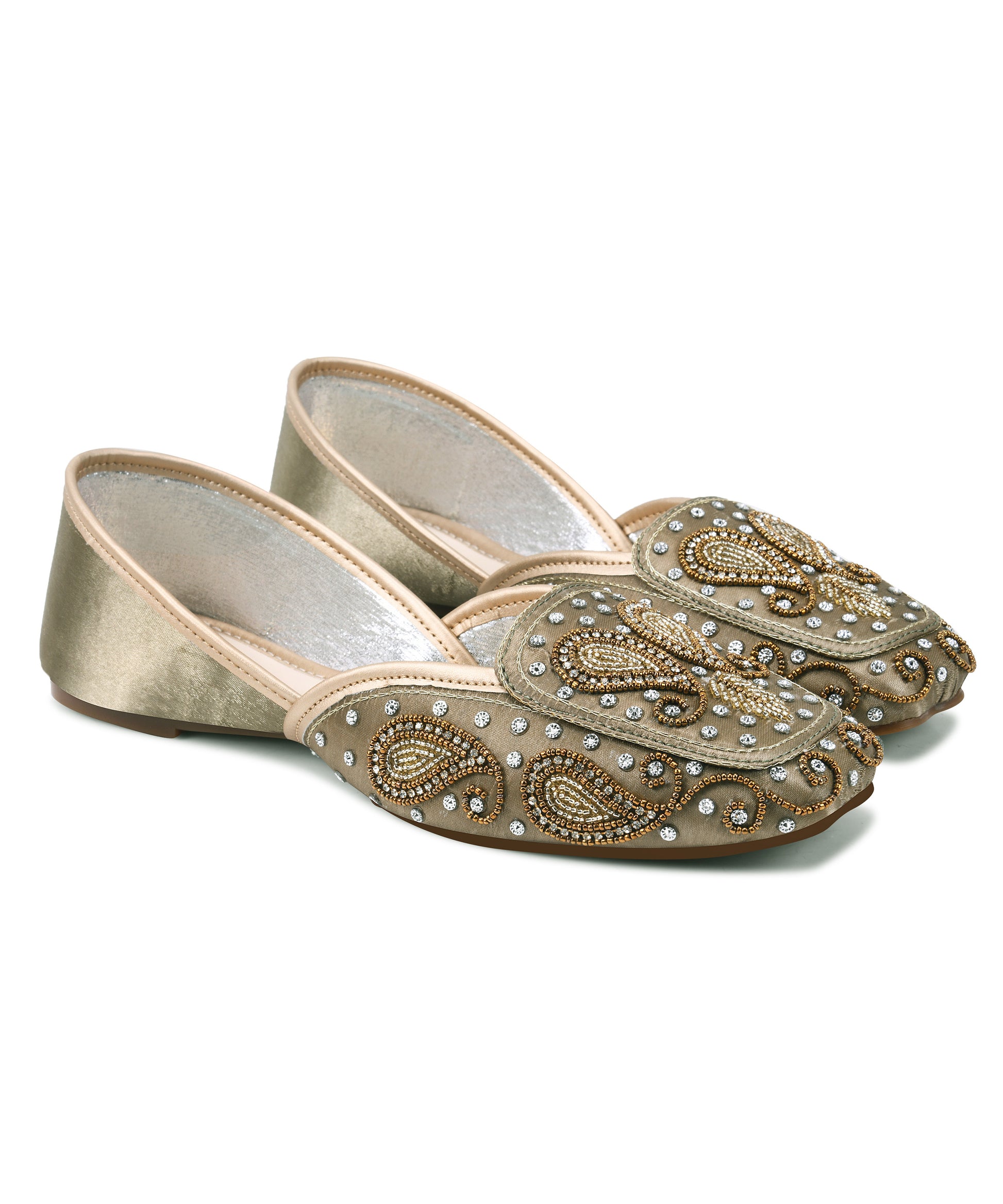 Women Green Embellished Beaded Round-Toe Royal Stone & Threadwork Ethnic Juttis