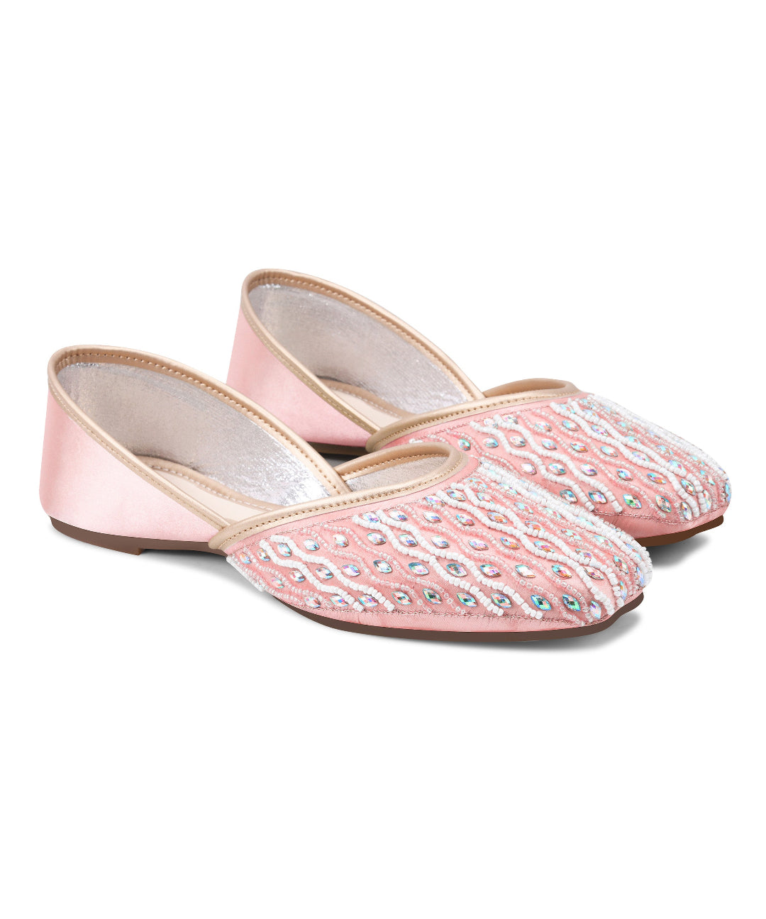 Women Pink Stone Embellished Embroidered Ethnic Mojaris Flats Juttis