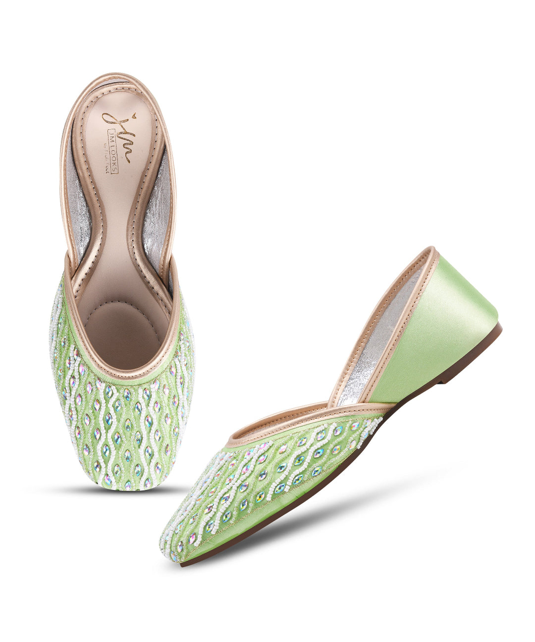 Women Pista Stone Embellished Embroidered Ethnic Mojaris Flats Juttis