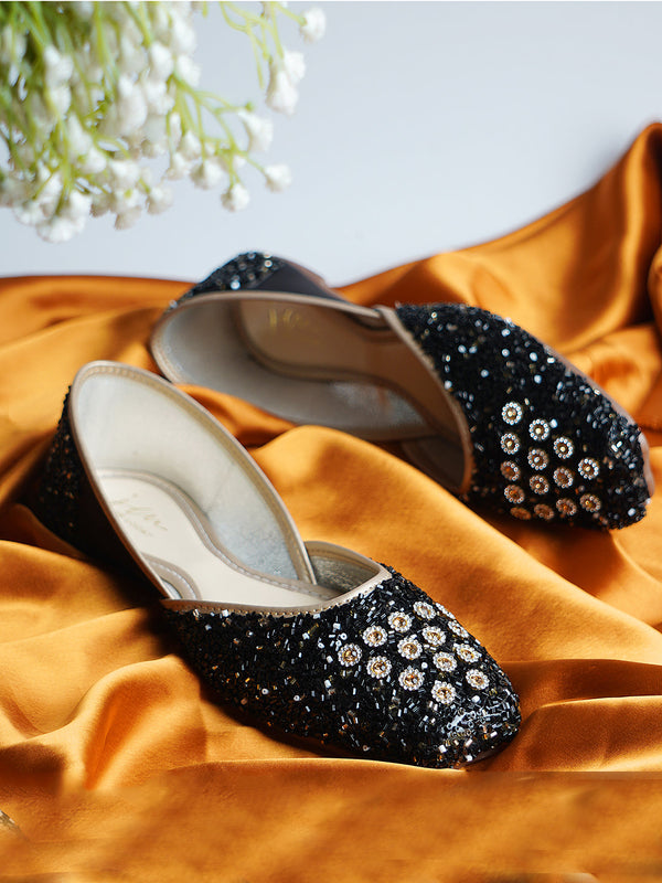 Embellished Square Toe Ethnic Mojaris for Women & Girls  Black